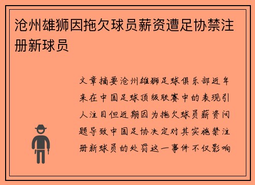 沧州雄狮因拖欠球员薪资遭足协禁注册新球员